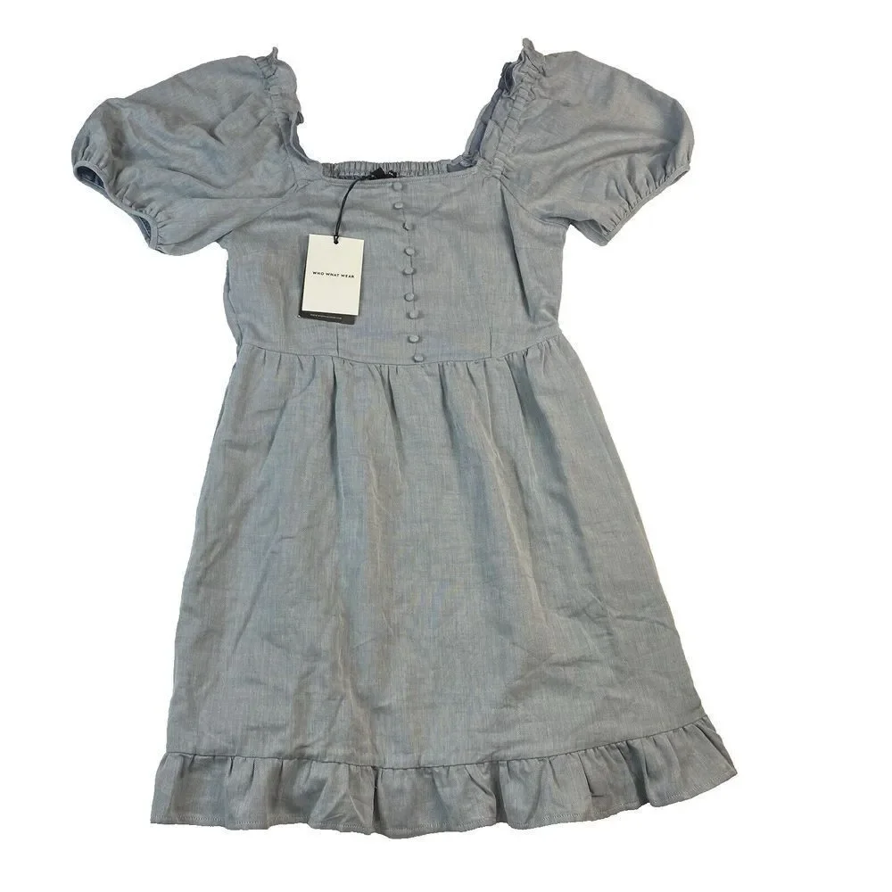 Who What Wear Women's Dress Small Chambray Twill Puff Sleeve Mini Ruffle Hem NWT